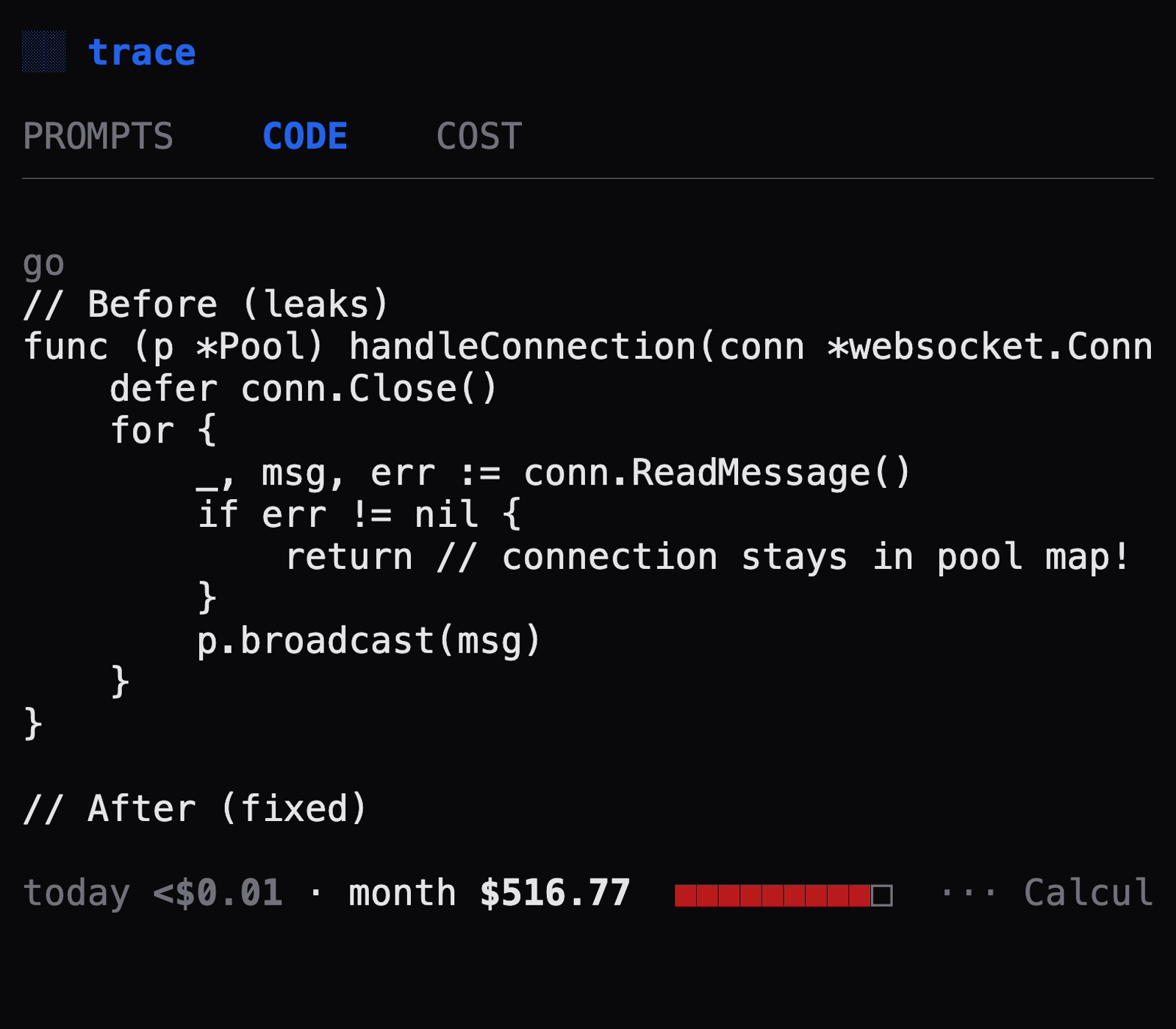 Trace code tab showing extracted code blocks from the session