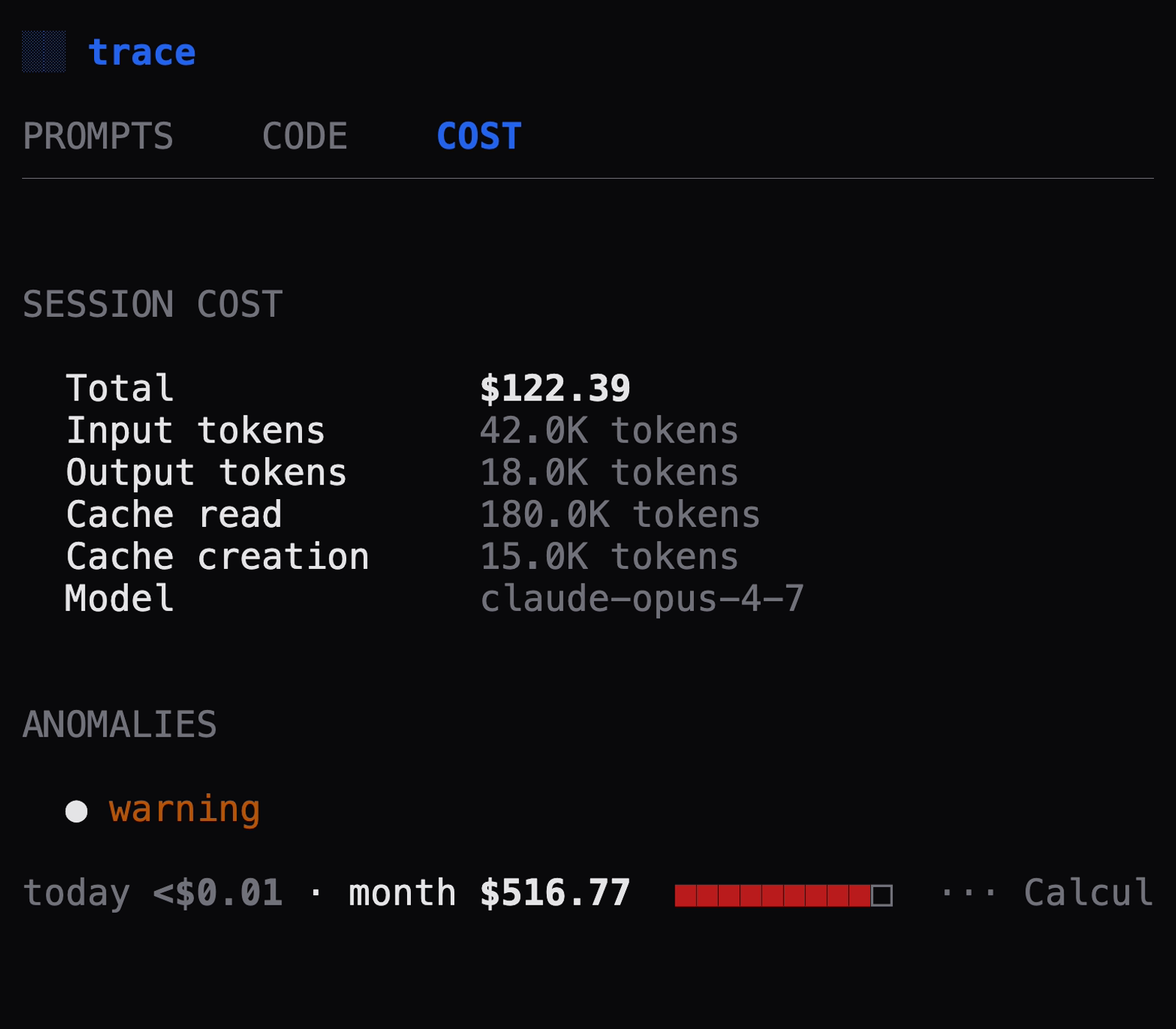 Trace cost tab showing token breakdown and anomaly explanation