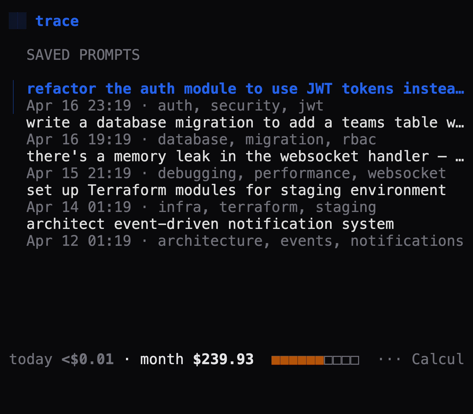 Trace saved prompts library with tags