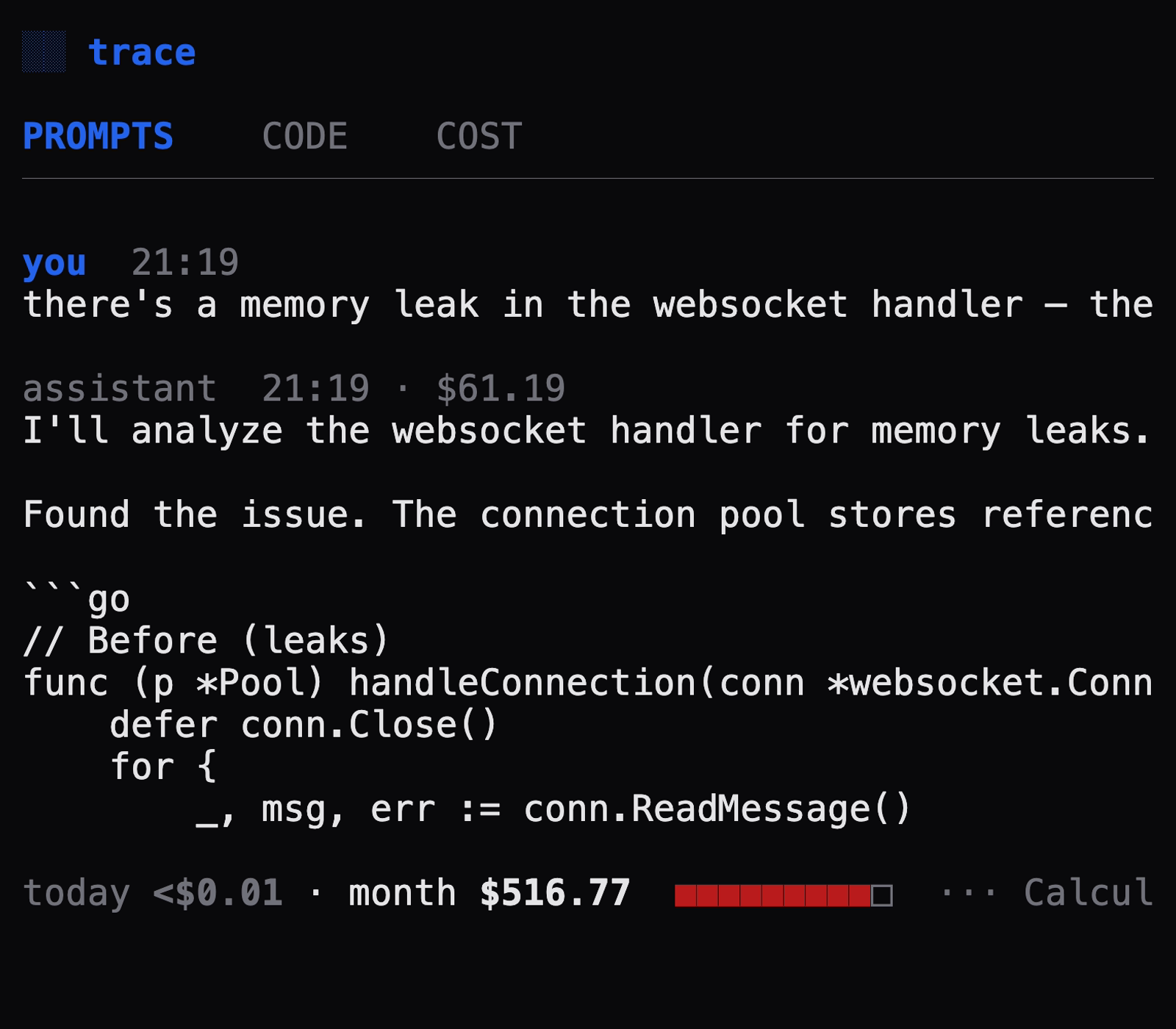 Trace prompts tab showing conversation history with inline cost